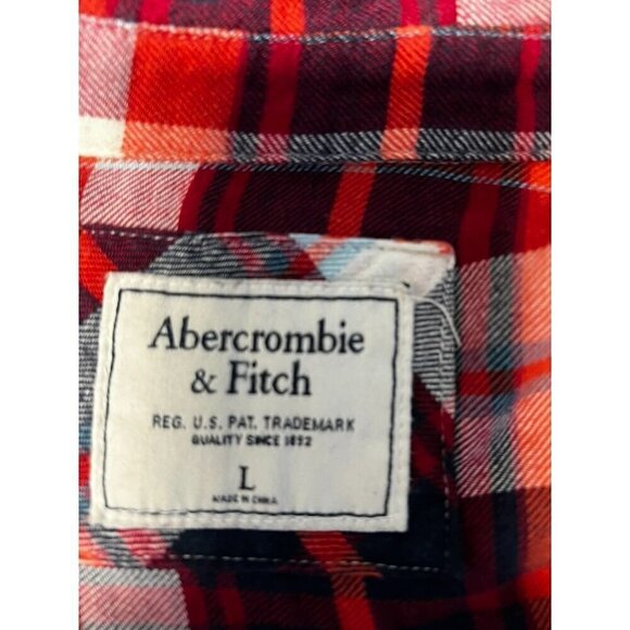 Abercrombie & Fitch Red & Navy Plaid Button-Down Shirt Long Sleeve Cotton Blend - Picture 4 of 7